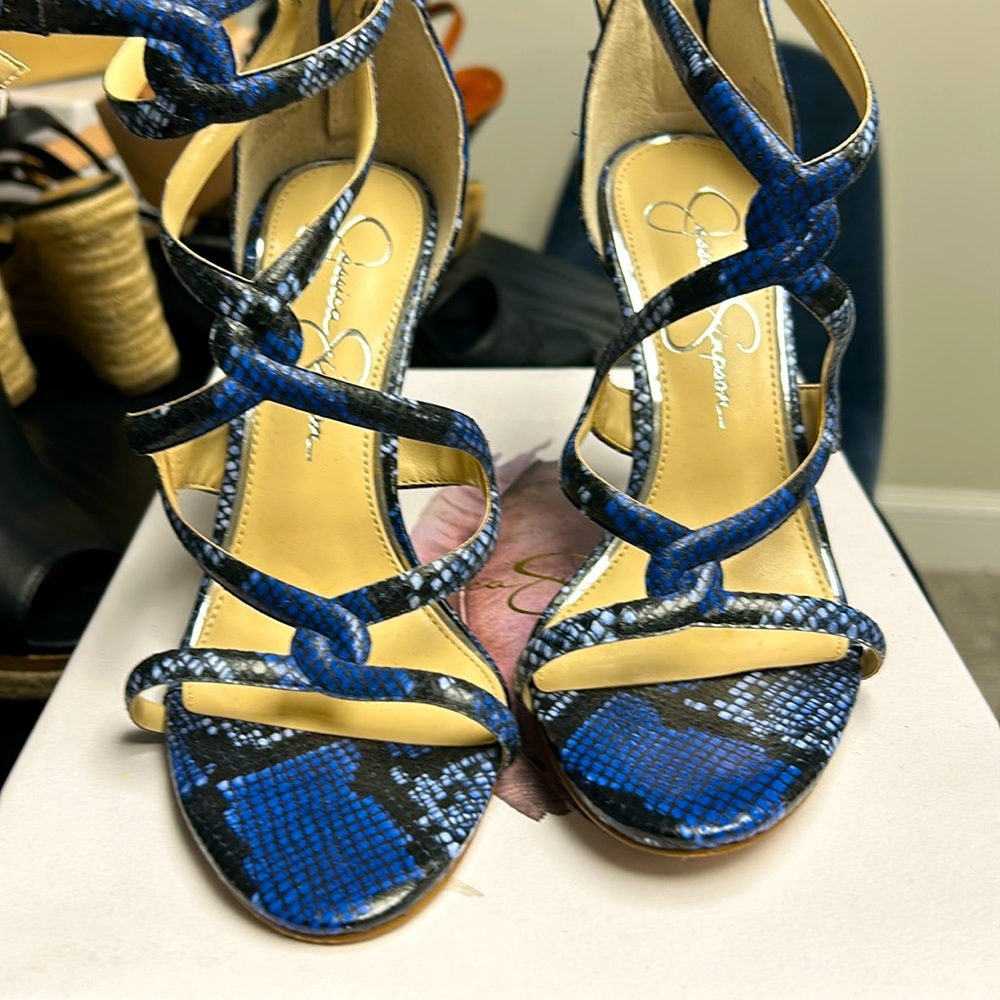 Jessica Simpson blue snake strappy heels. Like new.